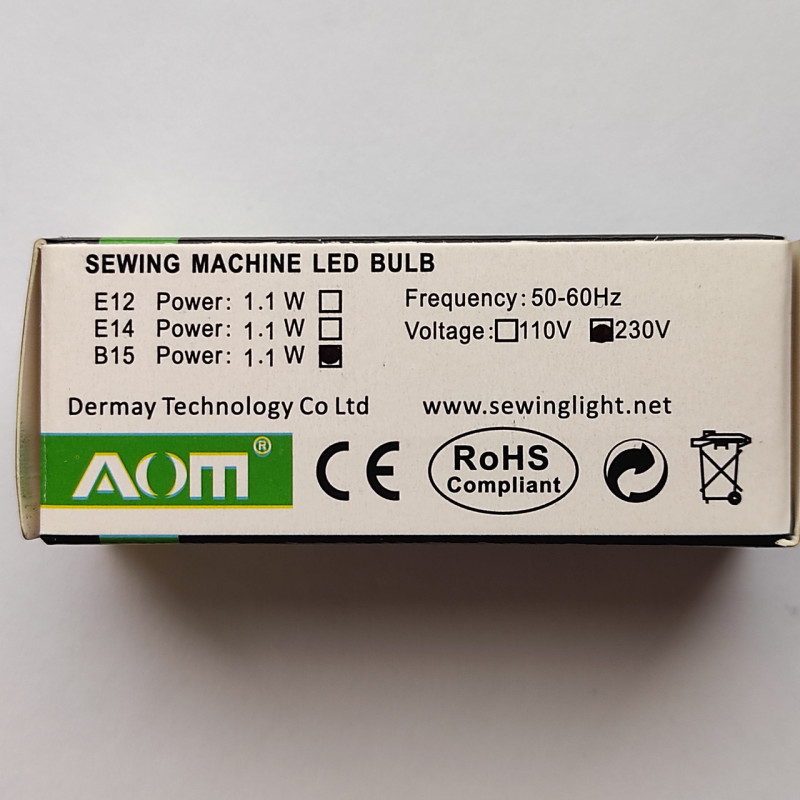 Світлодіодна лампа для швейних машин AOM B15, 1.1 W, 230 V, 6400 K, 25000 hrs, 40 Lm (7115)