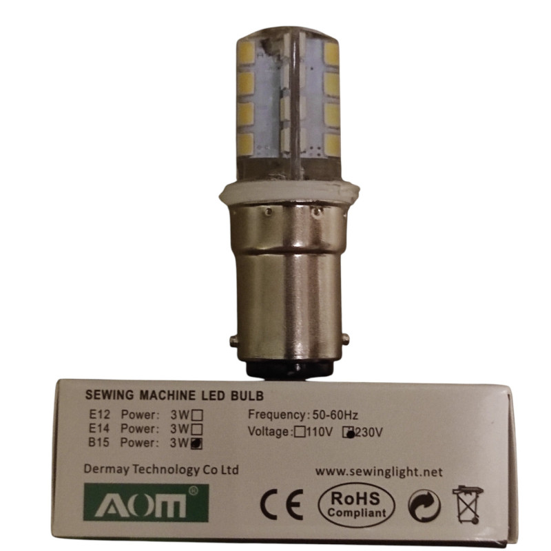 Світлодіодна лампа з силіконовим плафоном для швейних машин AOM B15, 3 W, 230 V, 6400 K, 25000 hrs, 200 Lm (7408)